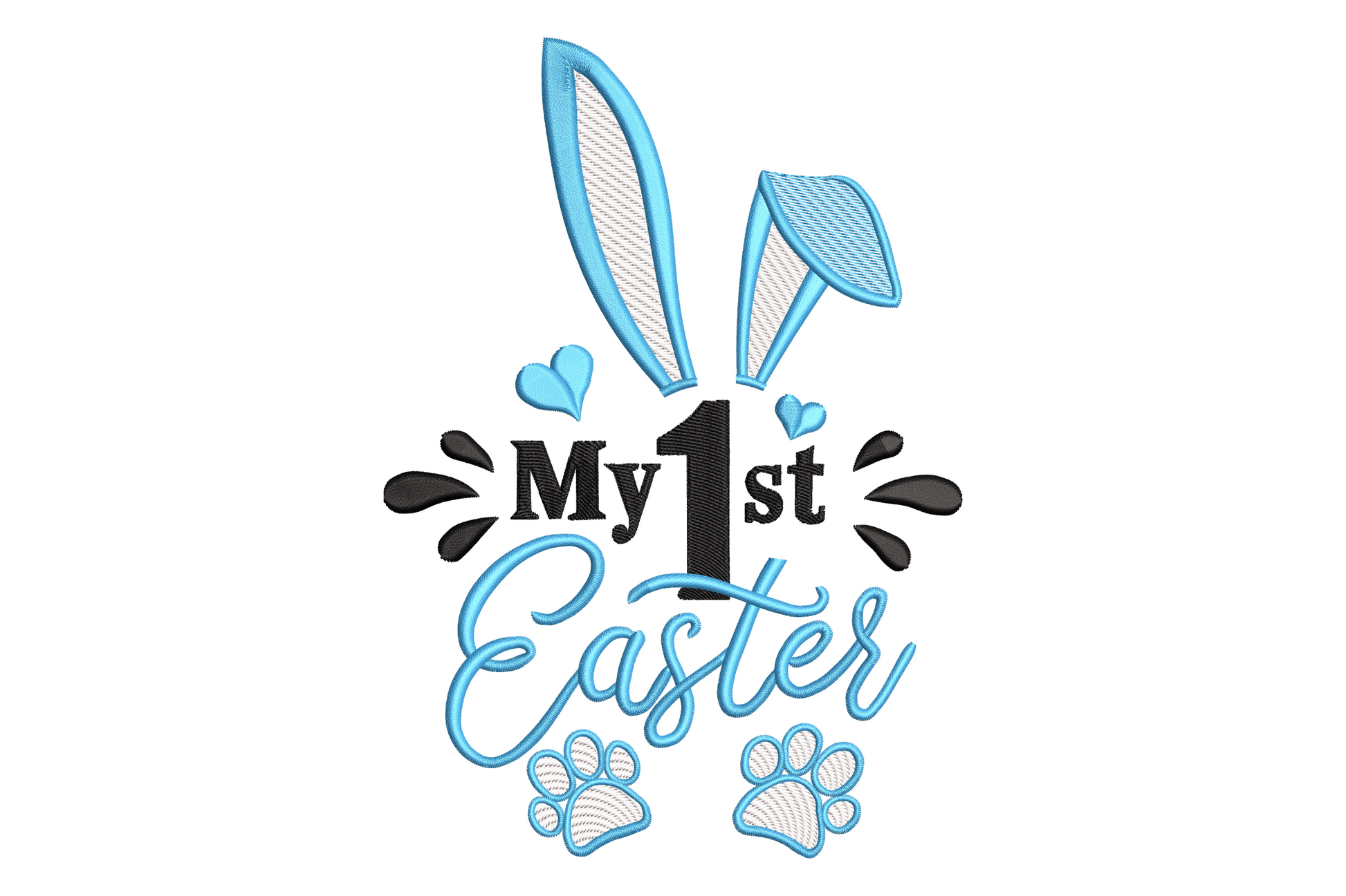 My 1st Easter baby machine embroidery design, three thread colours with playful rounded lettering and small easter accent motif, light density for soft baby fabric use.