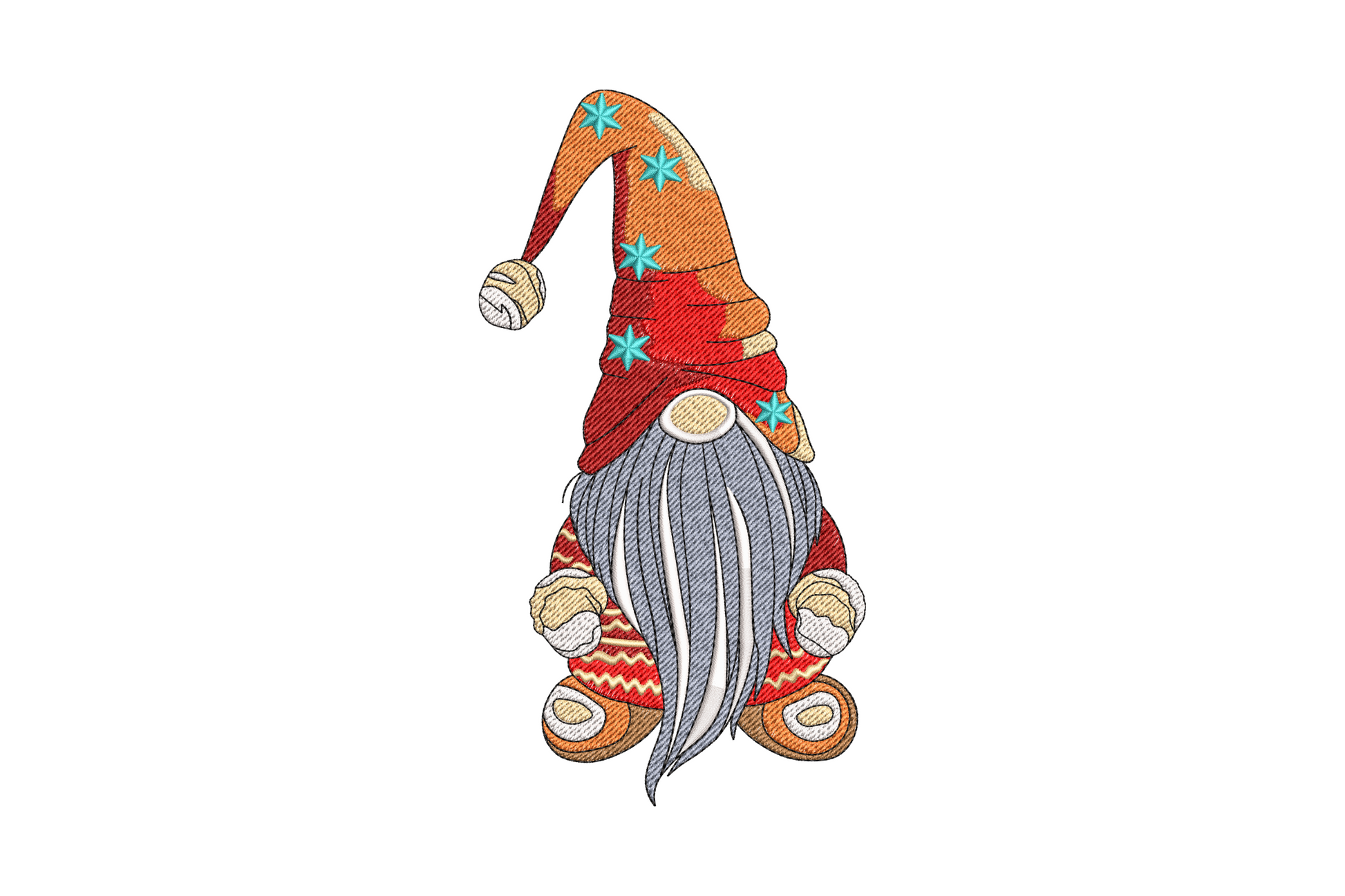 Nordic gnome embroidery, large deep-red cone hat, fluffy white-grey layered beard, tiny feet peeking at the base.