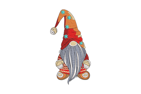 Nordic gnome embroidery, large deep-red cone hat, fluffy white-grey layered beard, tiny feet peeking at the base.