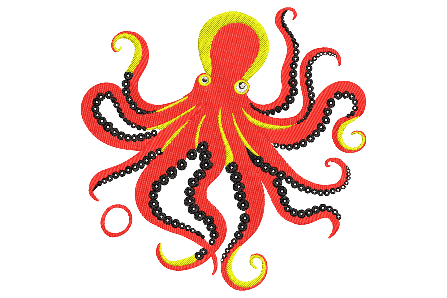 Bold red octopus embroidery with 8 tentacles, black sucker rows and yellow tip accents on a flat graphic background.