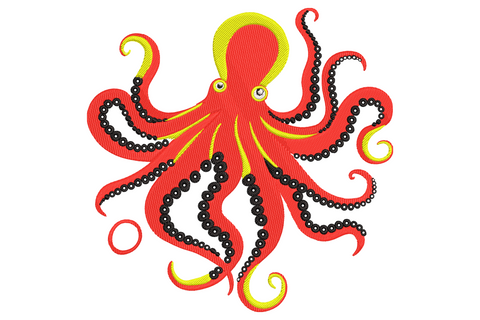 Bold red octopus embroidery with 8 tentacles, black sucker rows and yellow tip accents on a flat graphic background.