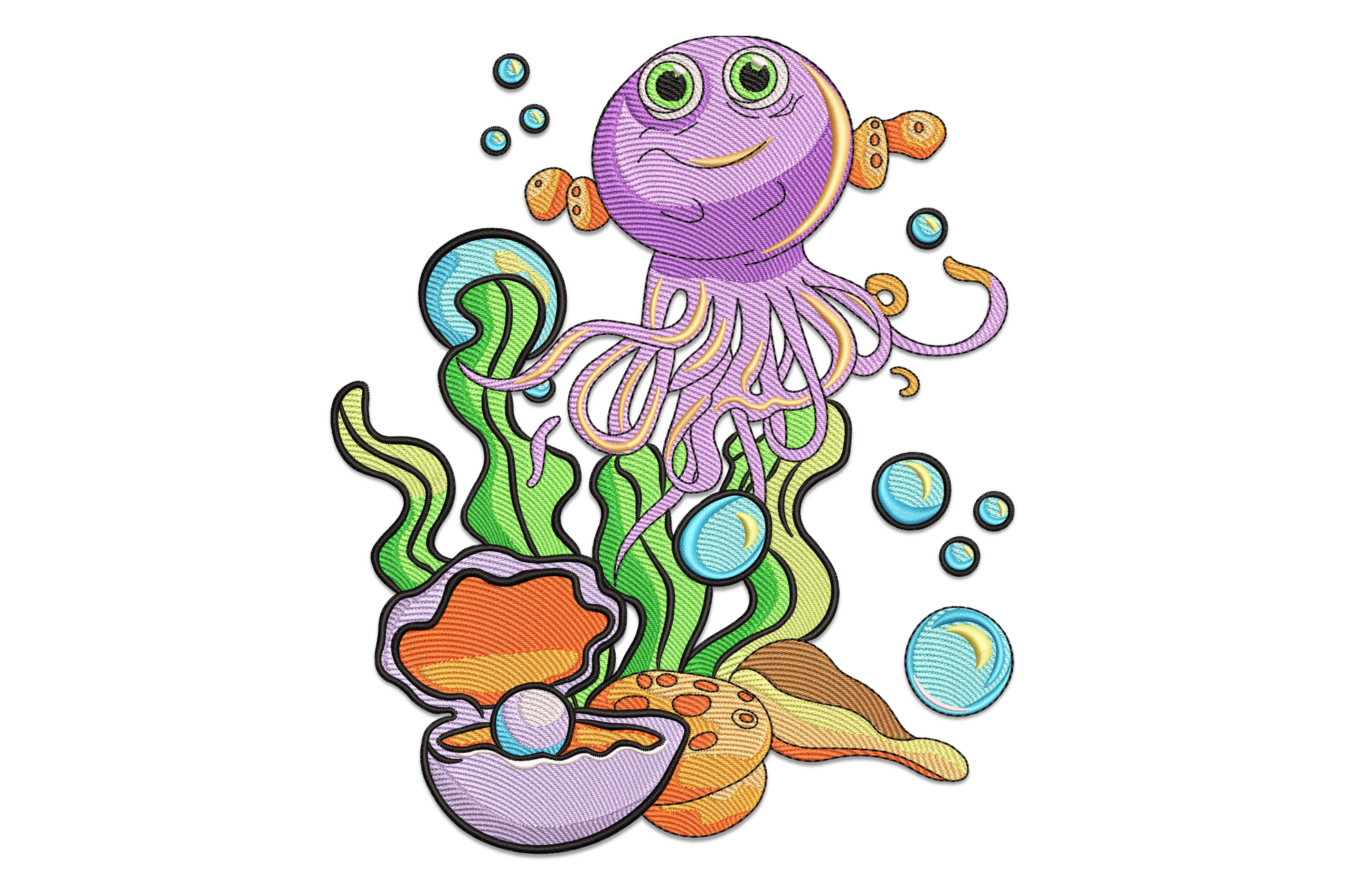 Cute octopus ocean embroidery design with cartoon octopus, seaweed, fish and bubbles, 5 sizes and 16 colours.