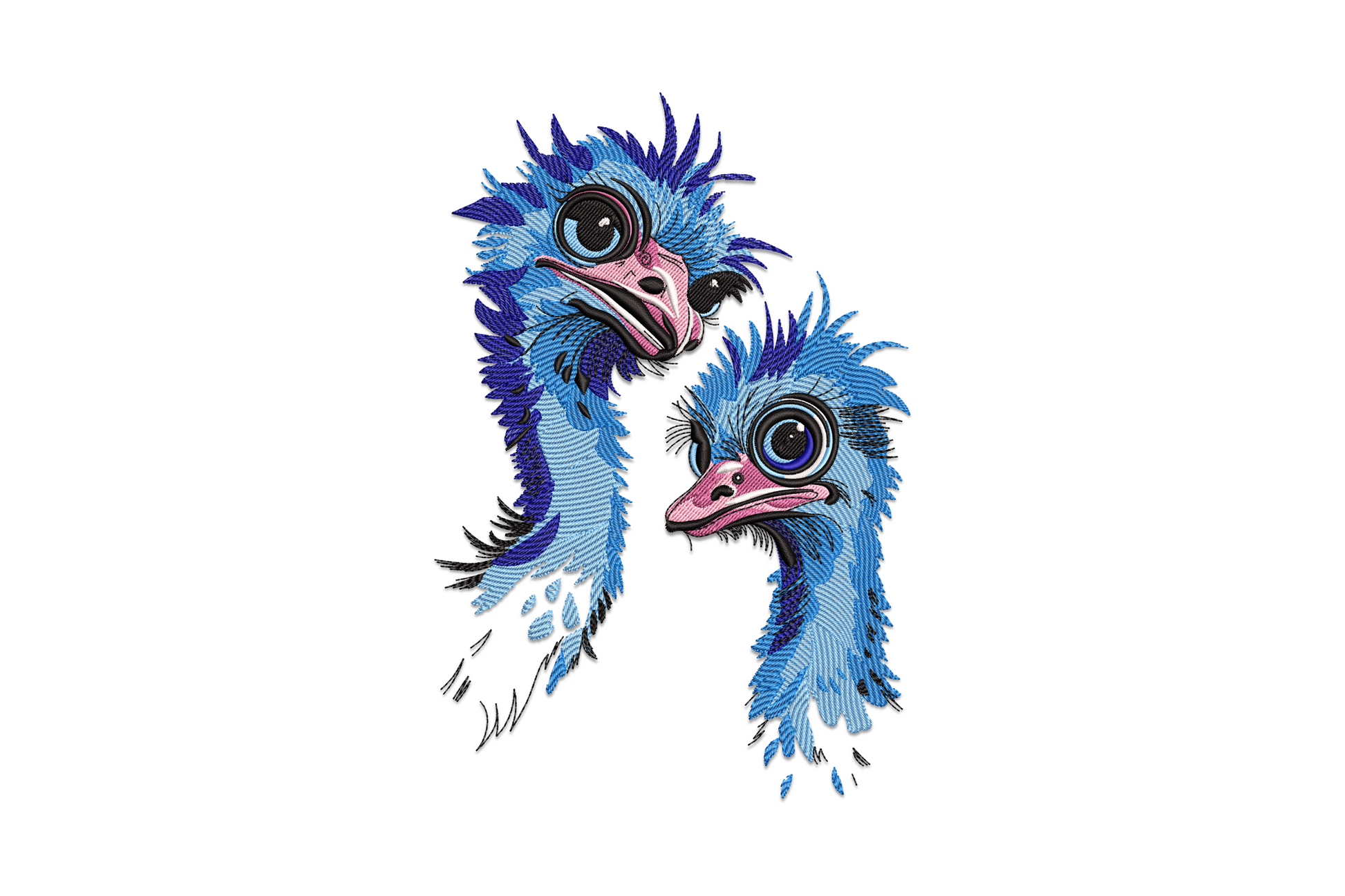 Cute ostrich duo embroidery design, two cartoon ostriches with fluffy white chest feathers, sandy tan body and orange legs in 7 thread colours