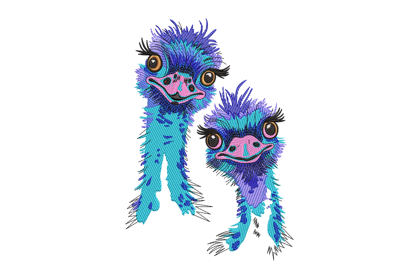 Cute cartoon ostrich duo machine embroidery design, two birds facing each other, eight colours, warm grey and pink tones on white background.