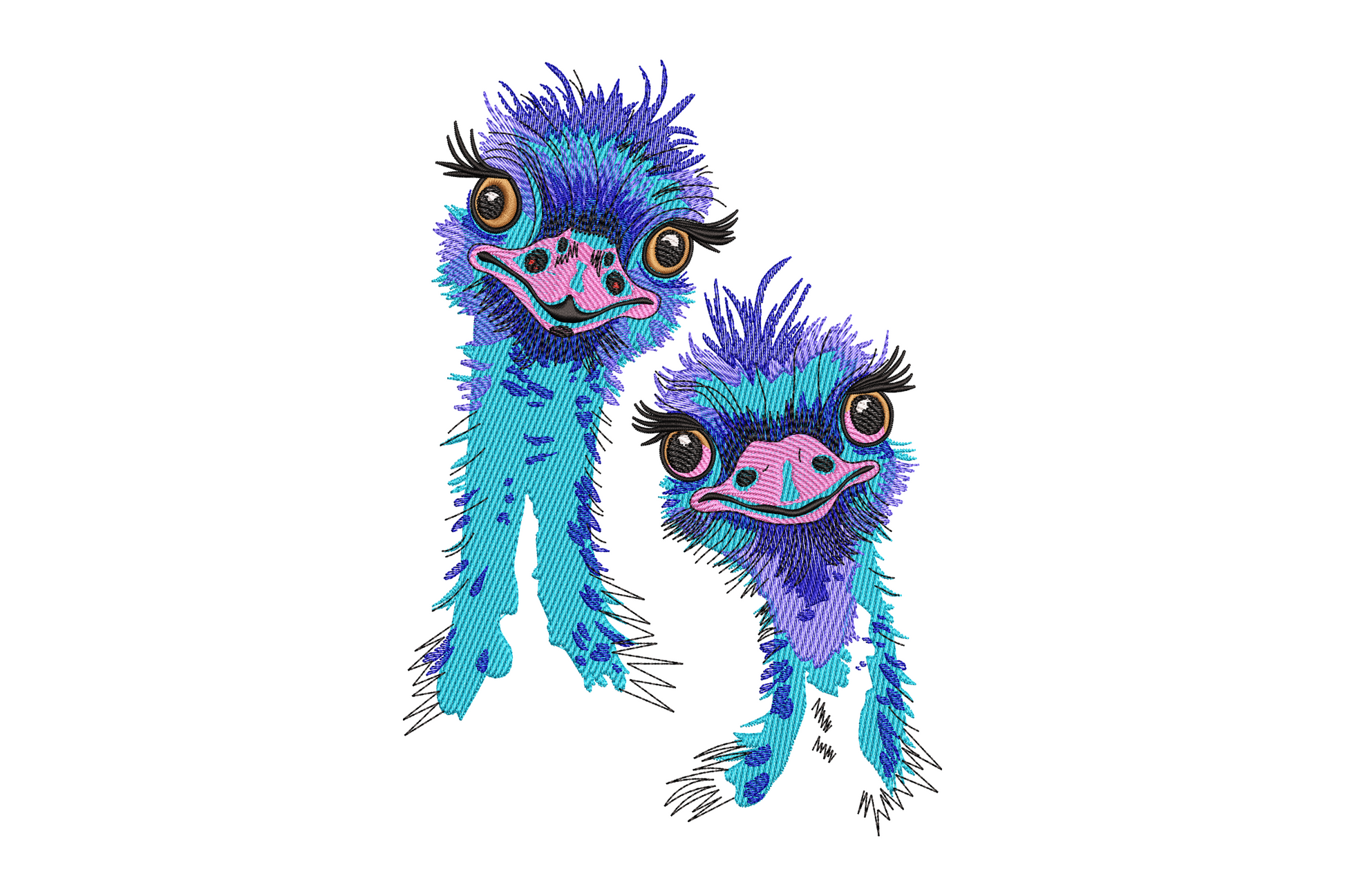 Cute cartoon ostrich duo machine embroidery design, two birds facing each other, eight colours, warm grey and pink tones on white background.