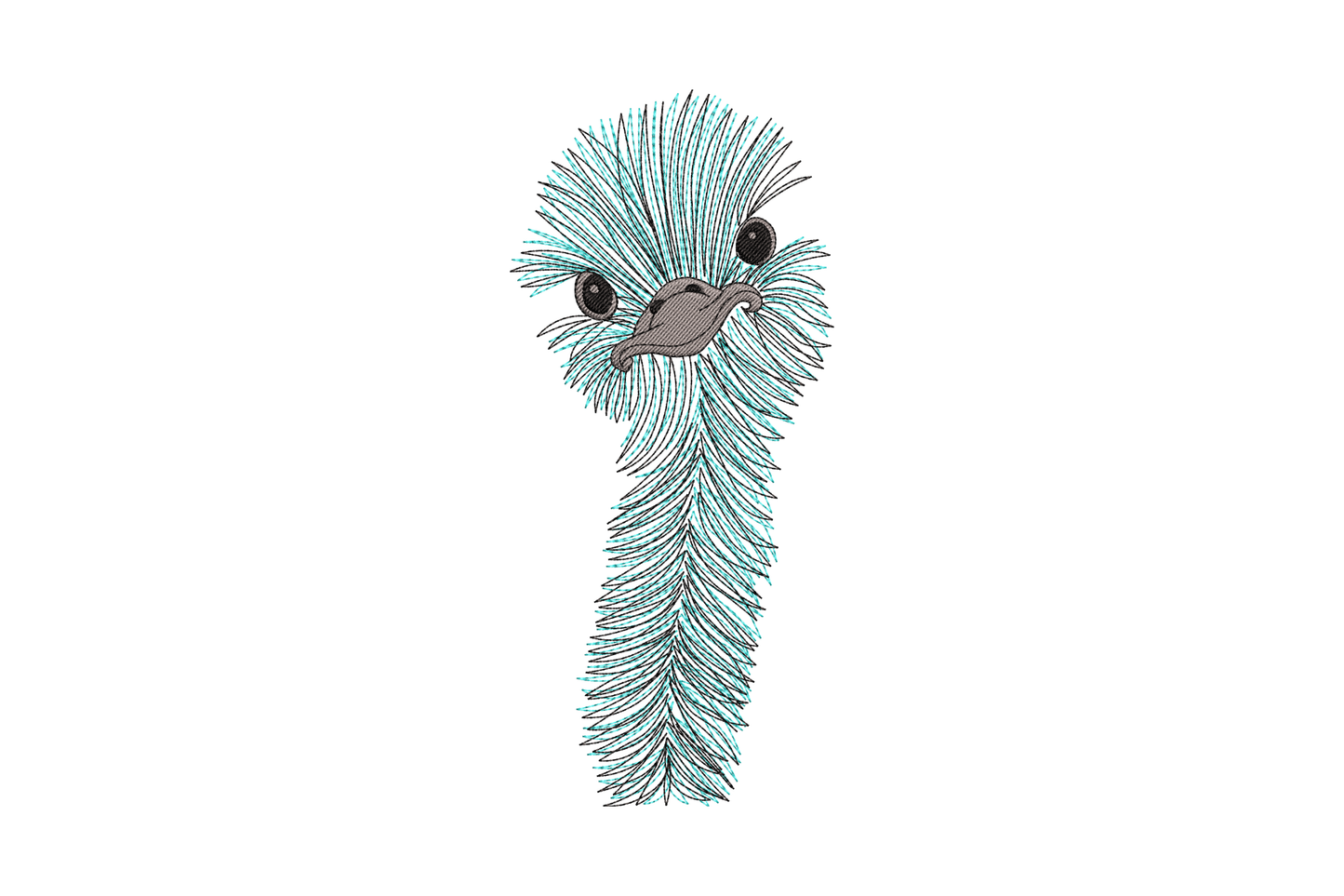 Cute ostrich head embroidery design, teal and grey slim portrait shape, big eyes, 5 sizes to 7.50 inches tall