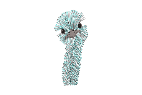 Cute ostrich head embroidery design, teal and grey slim portrait shape, big eyes, 5 sizes to 7.50 inches tall