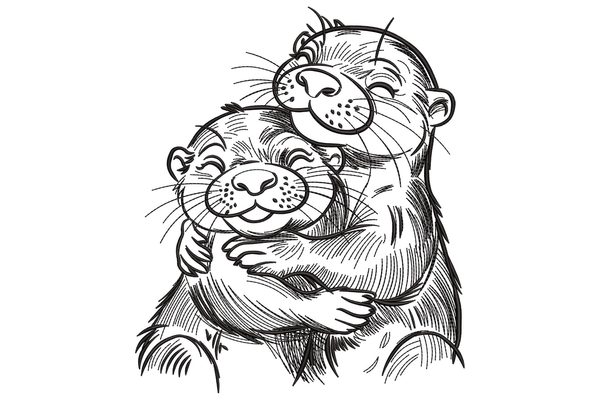 Sketch embroidery of two baby otters hugging tight, drawn in single-colour black pencil lines with cross-hatched fur.