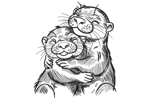 Sketch embroidery of two baby otters hugging tight, drawn in single-colour black pencil lines with cross-hatched fur.