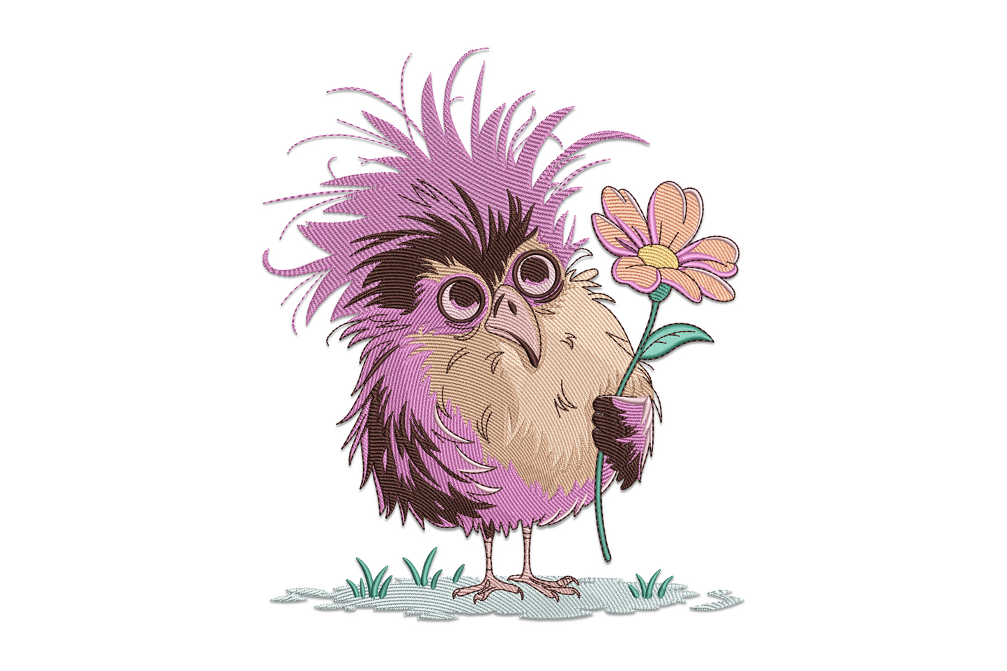 Cute owl holding flower embroidery design with chocolate feathers, cream face disc and dusty pink bloom on kraft tea towel.