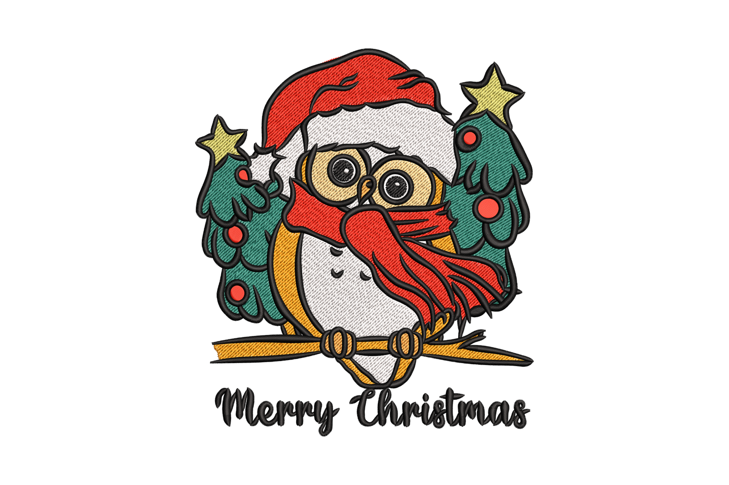 Cartoon owl in Santa hat and red scarf with Christmas trees and Merry Christmas text, 8 colour detailed festive embroidery design
