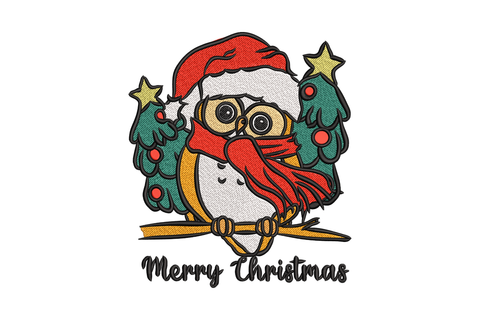 Cartoon owl in Santa hat and red scarf with Christmas trees and Merry Christmas text, 8 colour detailed festive embroidery design