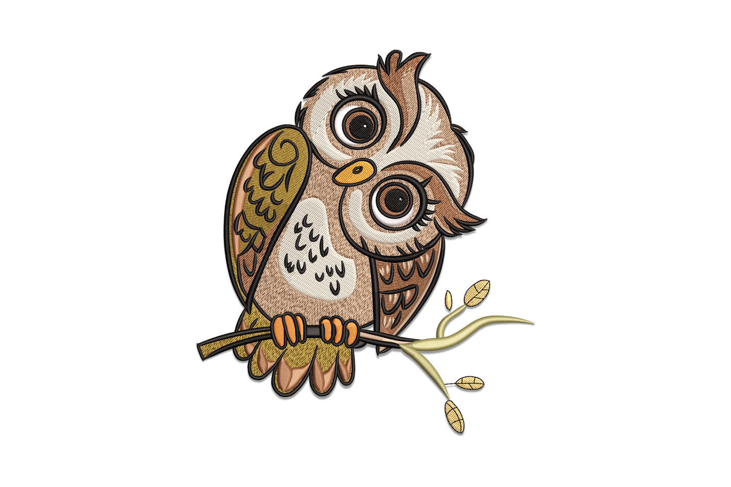 Cute owl embroidery design perched on a slim diagonal branch with one sleepy eye, warm brown and olive feather fills, cream speckled belly and tiny leaf clusters.