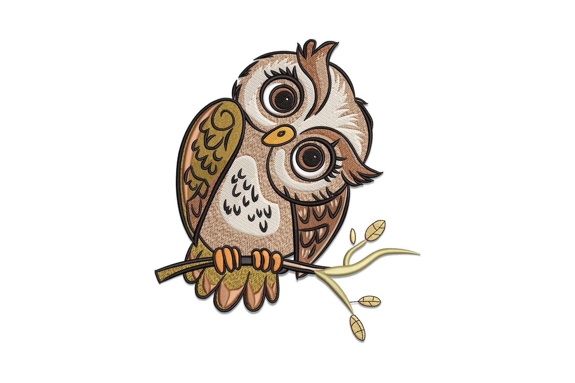 Cute owl embroidery design perched on a slim diagonal branch with one sleepy eye, warm brown and olive feather fills, cream speckled belly and tiny leaf clusters.