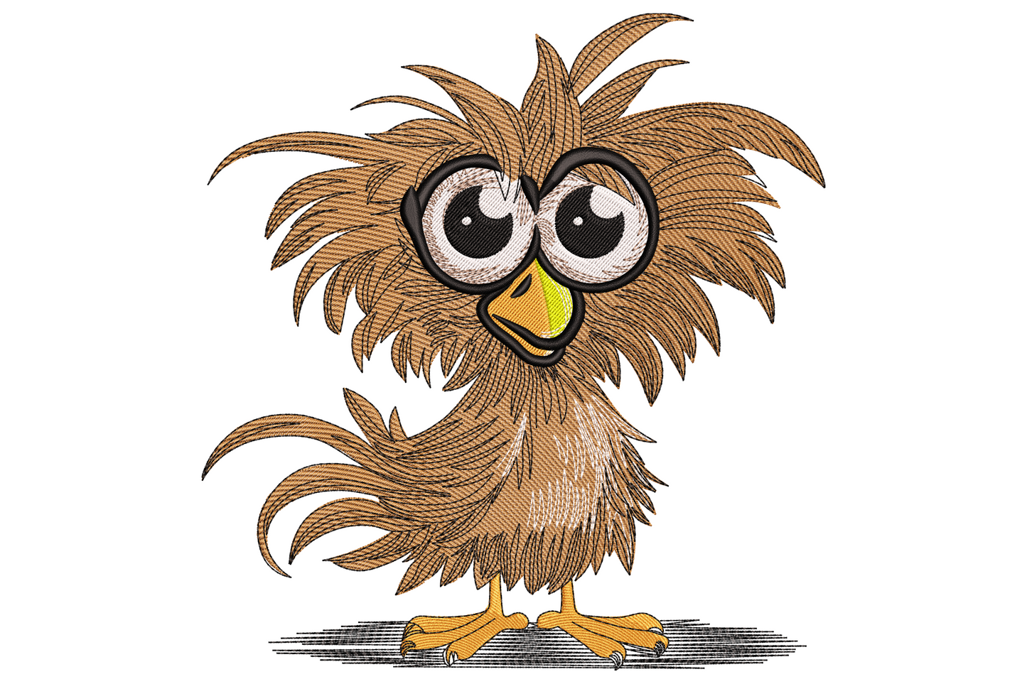 Cute owl big eyes embroidery on navy kids tee, cartoon style chocolate body, amber eyes, cream chest, 6 thread colours