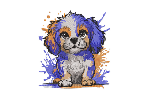 Paint splash puppy embroidery design with chocolate face and multi-colour paint splatter on white pique fabric.