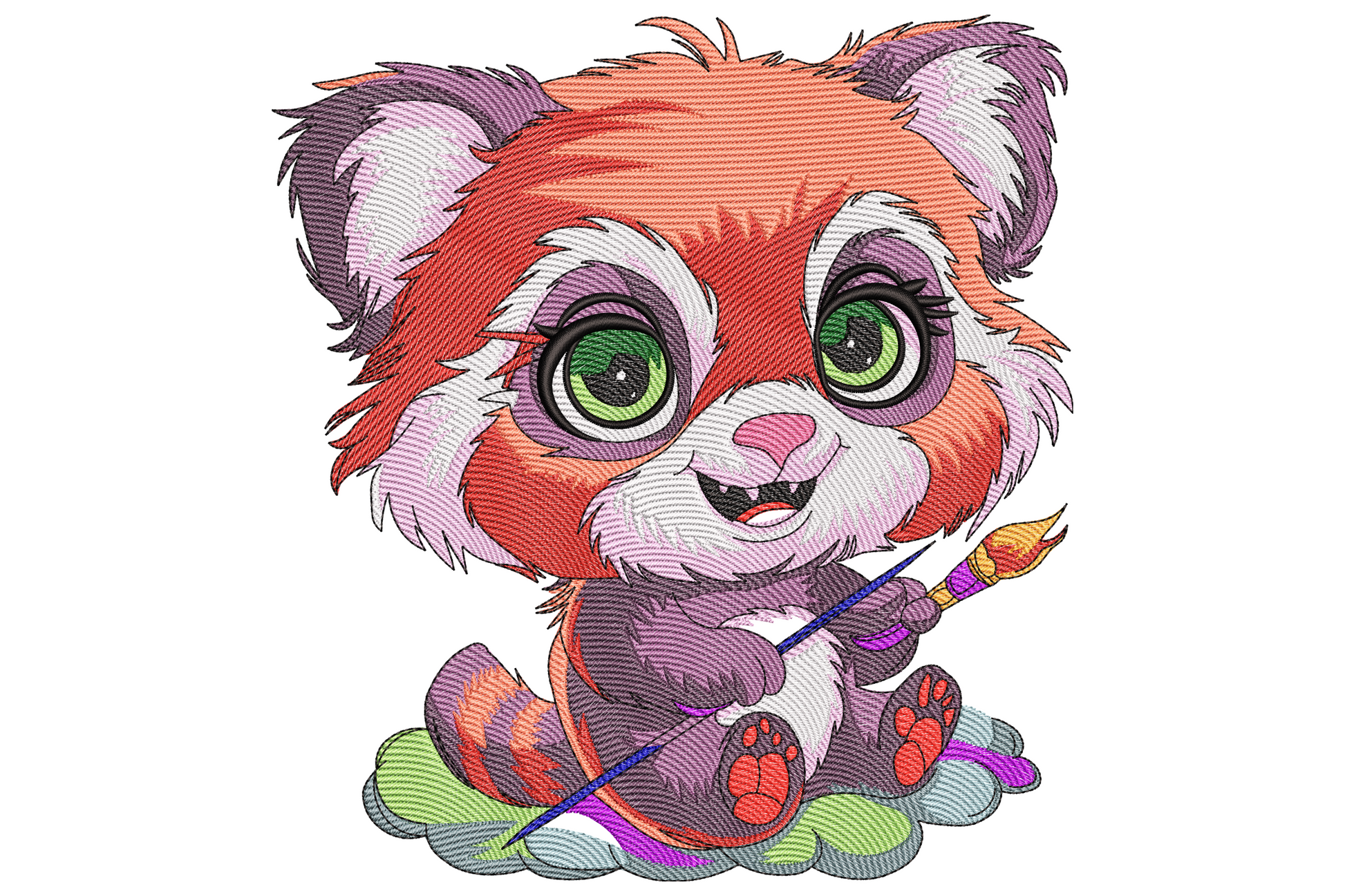 Cute cartoon red panda kit holding a paintbrush, big sage green eyes and ginger fur, sat on a colour palette cloud embroidery design.