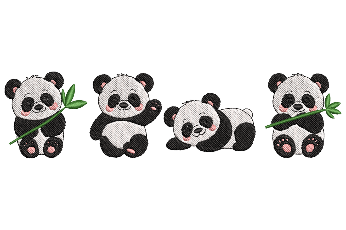 Cute panda bears embroidery design with two small sitting pandas in black satin patches, white fill and pink cheek blush, 4 colours.
