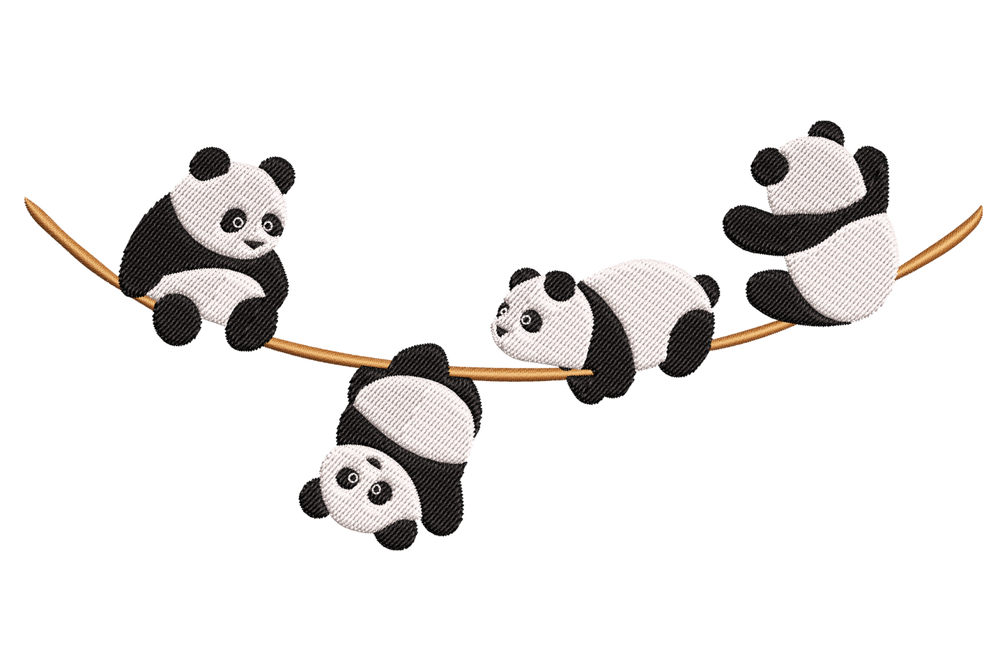 Cute panda family on branch embroidery design, four small pandas sitting and dangling in a row, black white and brown.