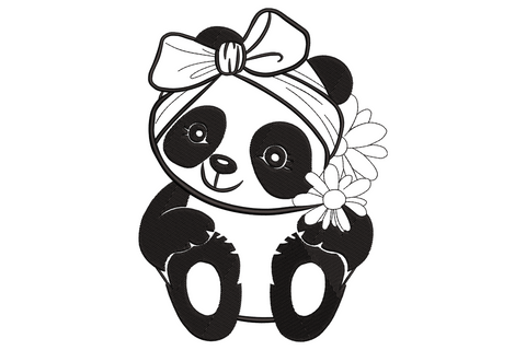 Cute panda girl embroidery, round face, large eye patches, small bow on head, soft body in single colour outline.