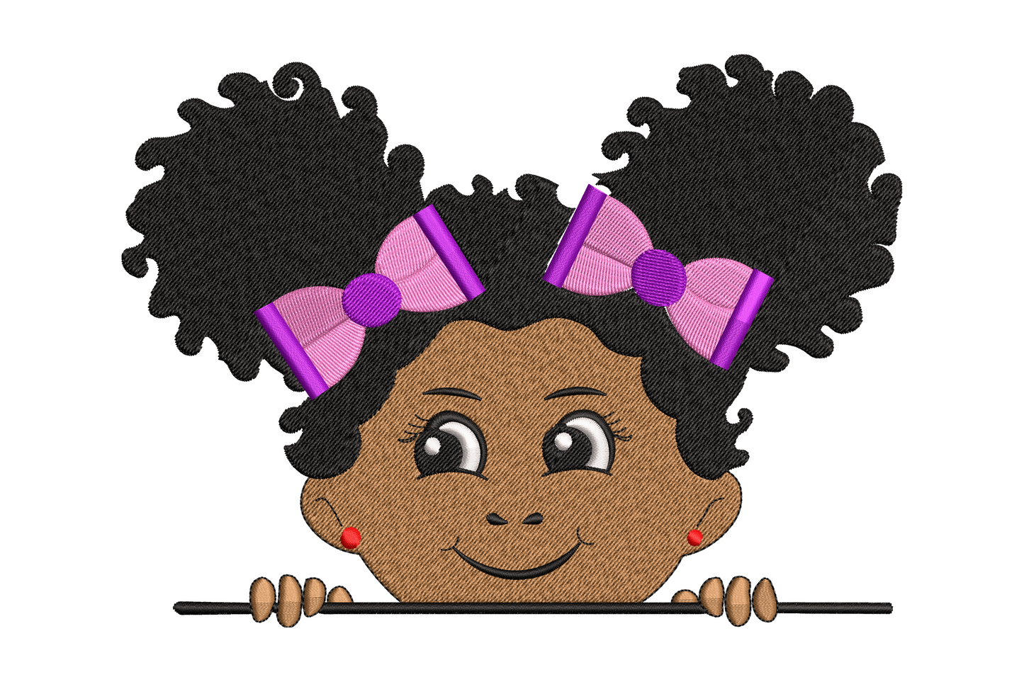 Peekaboo girl embroidery design, cartoon Black girl with afro puffs and purple bows peeking over a ledge, 6 sizes from 1.84 to 7.5 inches, 6 thread colours
