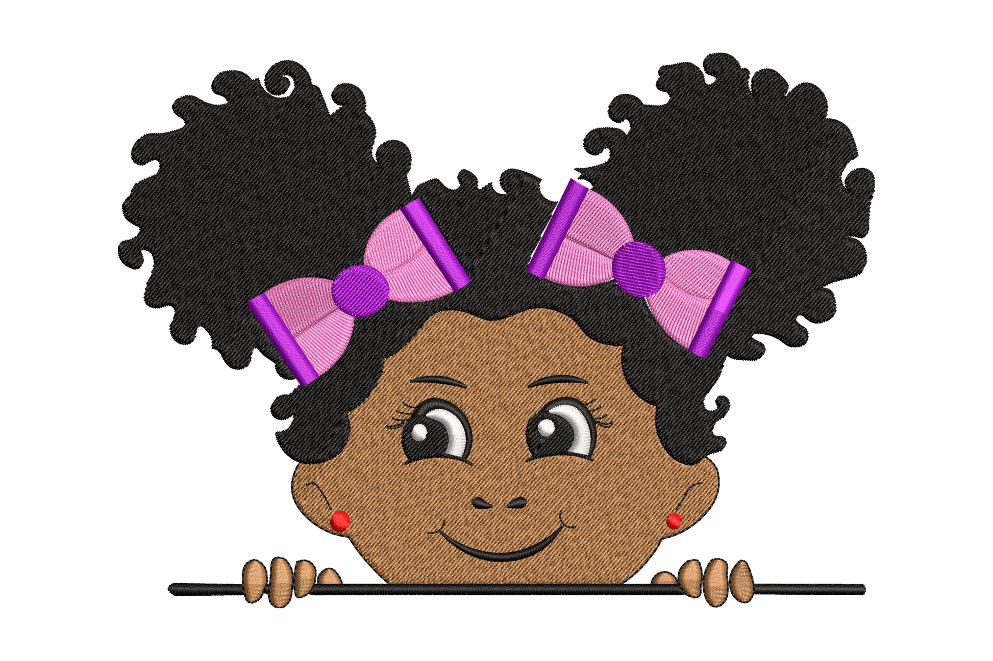 Peekaboo girl embroidery design, cartoon Black girl with afro puffs and purple bows peeking over a ledge, 6 sizes from 1.84 to 7.5 inches, 6 thread colours