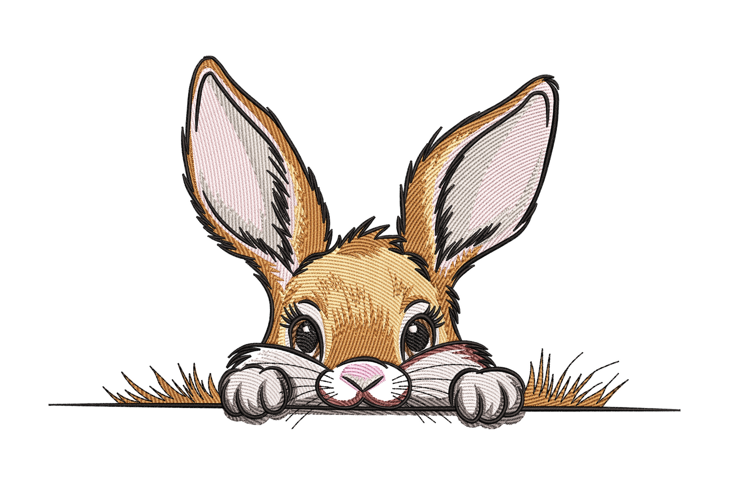 Peeking bunny embroidery design with warm golden-brown fur, both paws gripping a ledge, large upright ears, white inner ear, pink nose and a wispy grass fringe along the bottom.