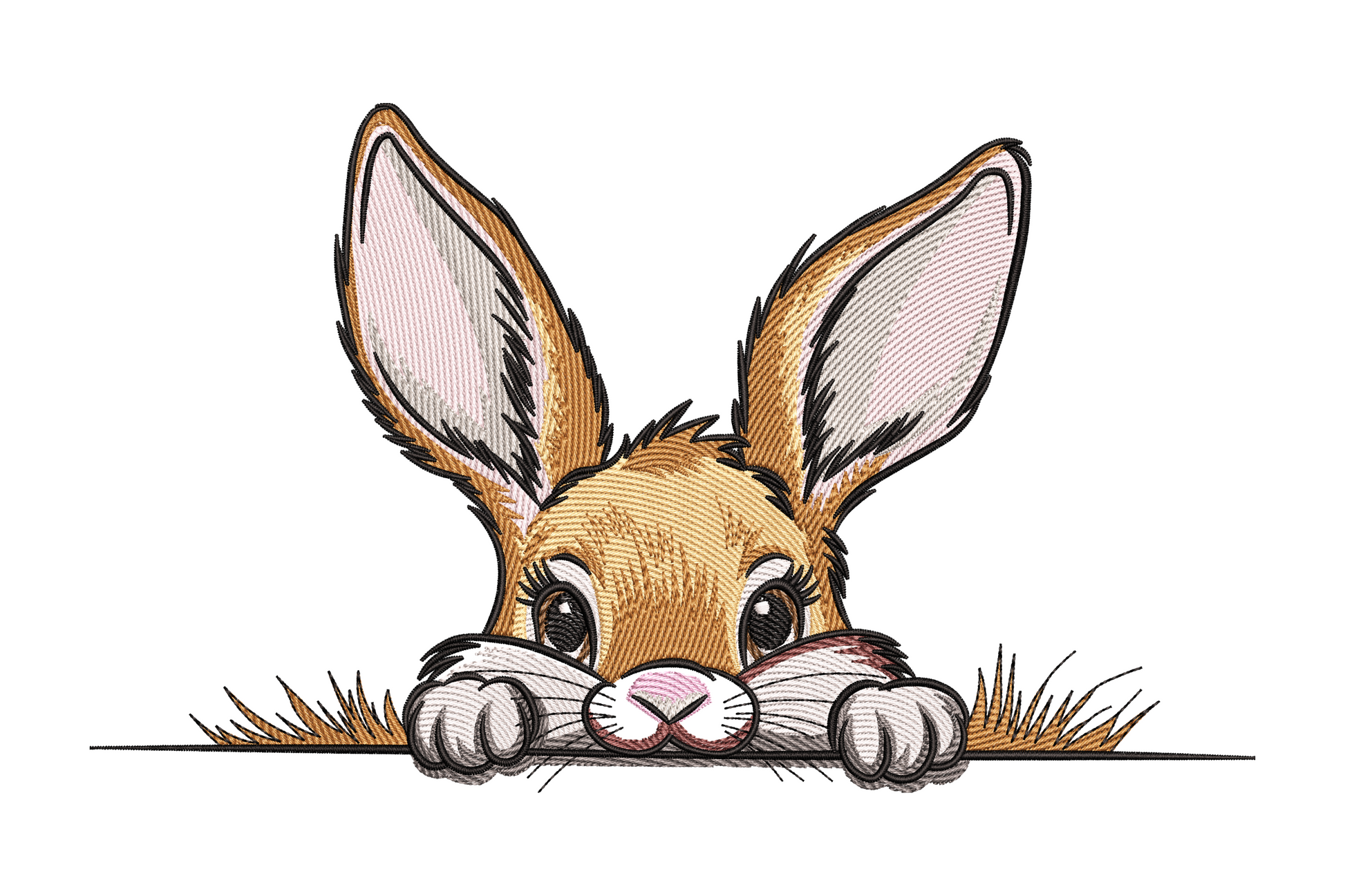 Peeking bunny embroidery design with warm golden-brown fur, both paws gripping a ledge, large upright ears, white inner ear, pink nose and a wispy grass fringe along the bottom.