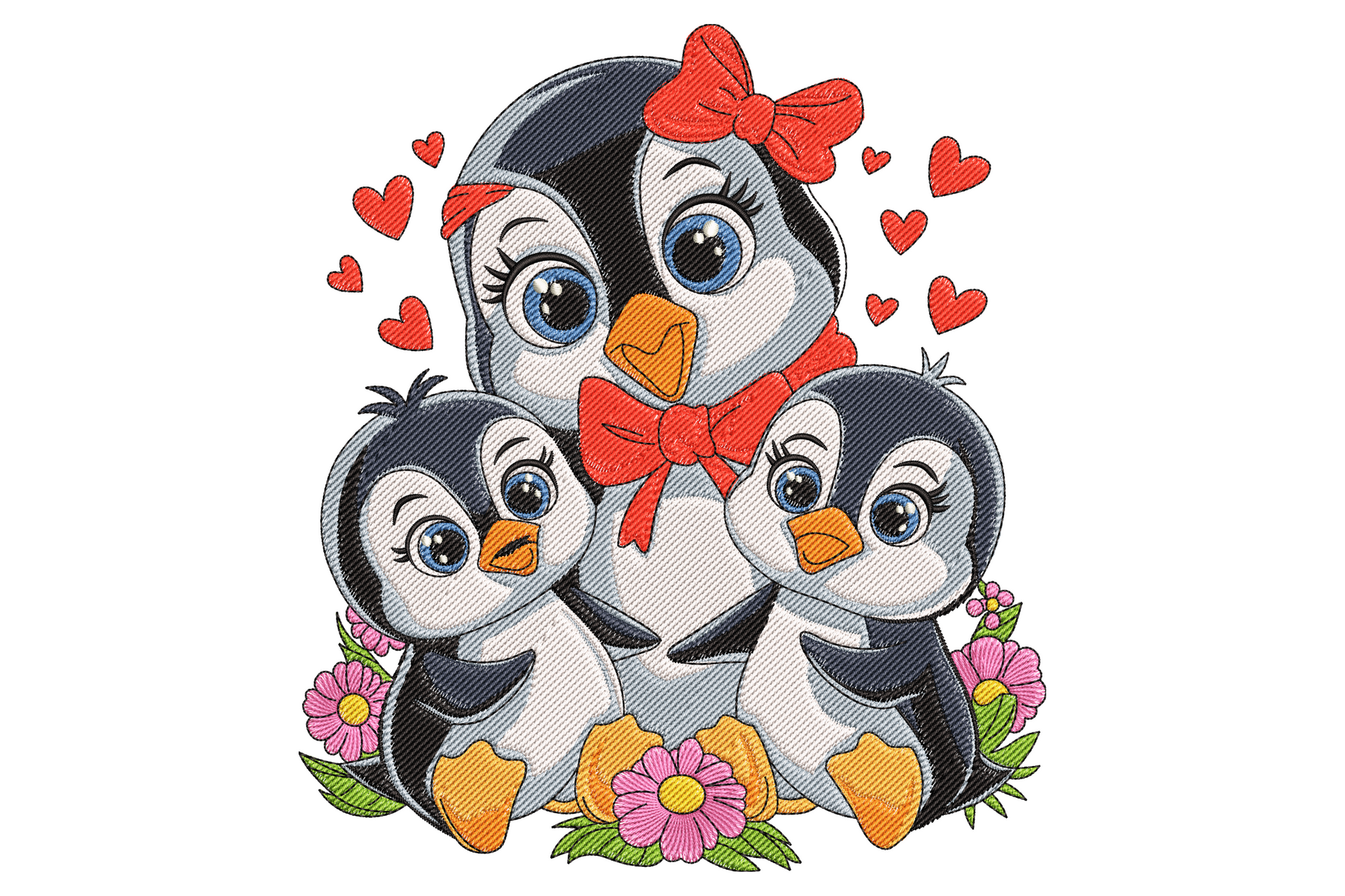 Penguin family embroidery with mama penguin in red bow hugging two baby chicks, floating hearts and flowers at base, 12 colours.