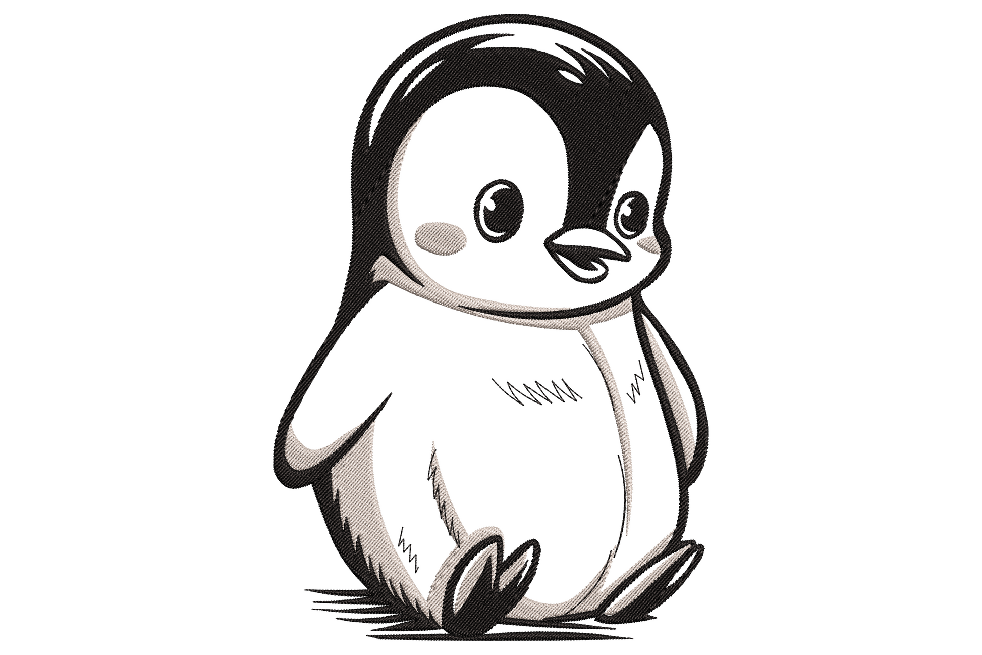 Cute baby penguin embroidery design sitting with flippers tucked in, big eyes and pink rosy cheeks, black and cream colours.