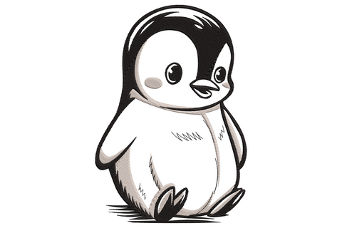 Cute baby penguin embroidery design sitting with flippers tucked in, big eyes and pink rosy cheeks, black and cream colours.