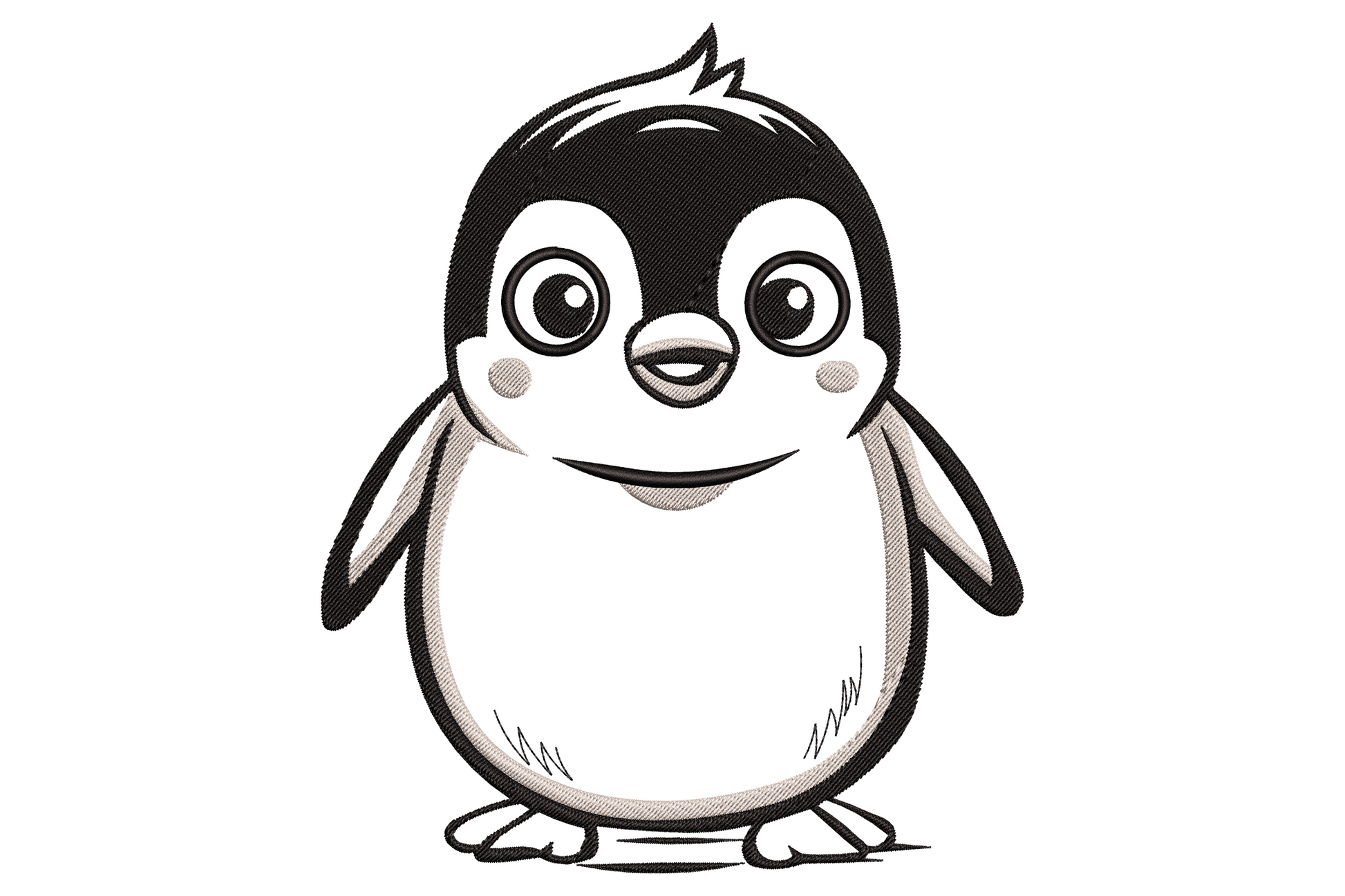 Cute kawaii baby penguin embroidery with big black eyes, tuft of hair and pink blush cheeks, bold black outline cartoon style