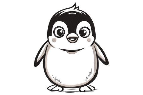 Cute kawaii baby penguin embroidery with big black eyes, tuft of hair and pink blush cheeks, bold black outline cartoon style