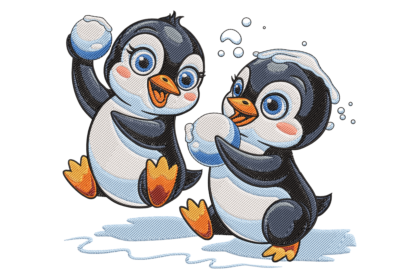 Two cartoon penguins in a snowball fight, one throwing, one ducking, on a snowy ground, machine embroidery design