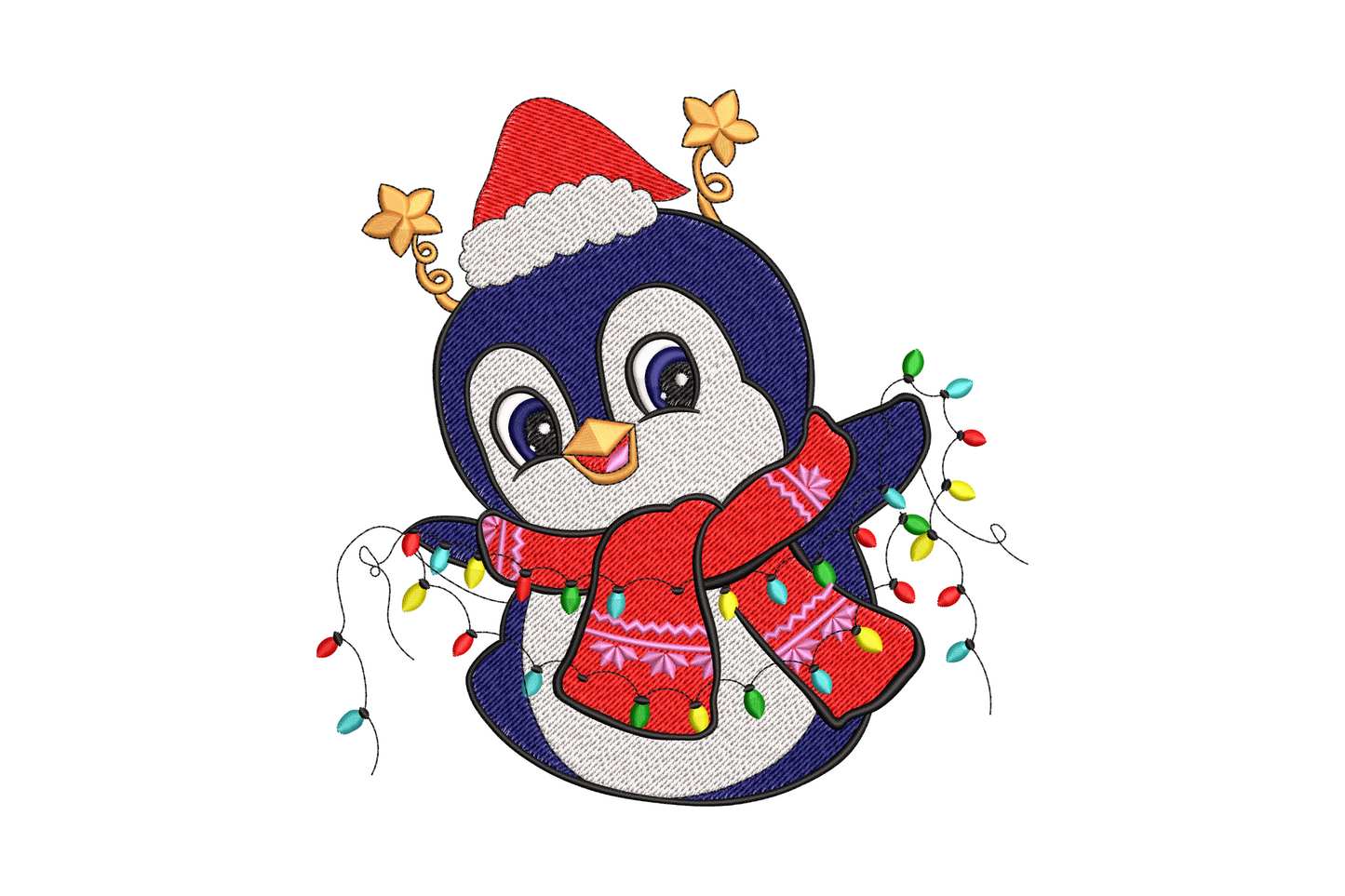 Christmas penguin embroidery, navy penguin in red scarf and santa hat with multicolour lights, 9 colours, 5 sizes