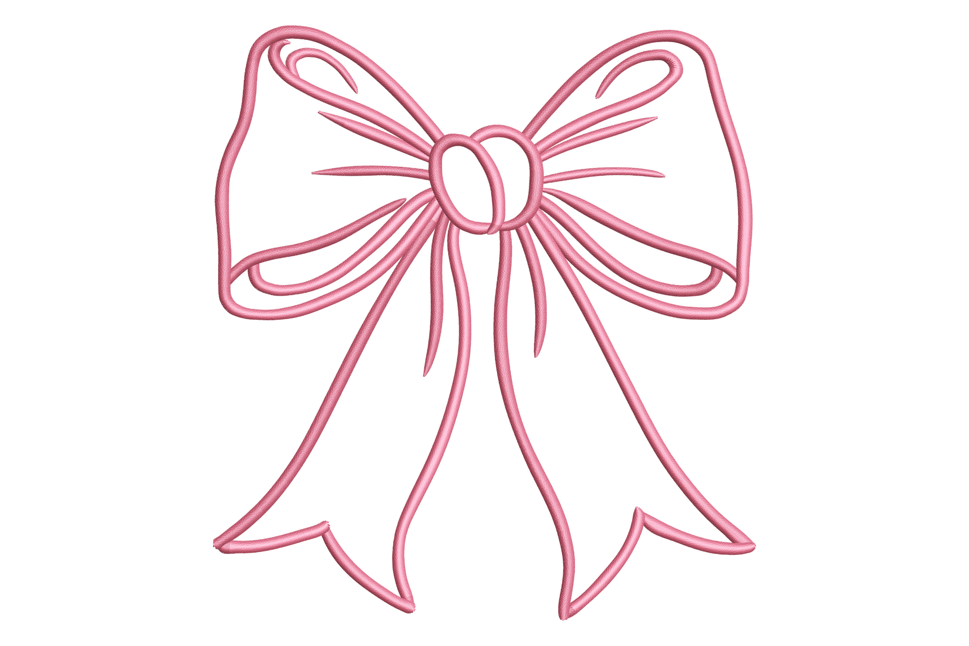 Cute pink bow embroidery in outline stitch only, rose-pink satin column thread, large looped bow with ribbon tails.