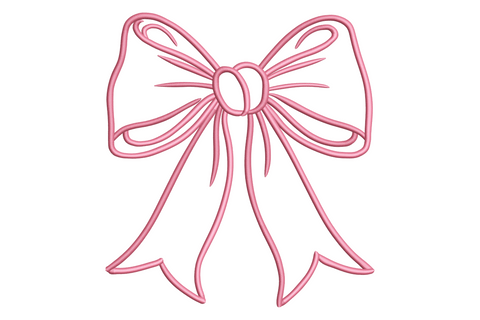 Cute pink bow embroidery in outline stitch only, rose-pink satin column thread, large looped bow with ribbon tails.