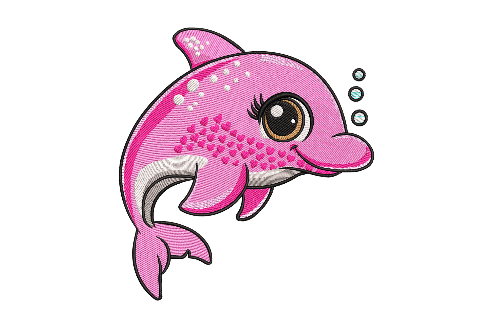 Cute pink cartoon dolphin embroidery mid-leap with a big doe eye, heart-scale chest, white belly and three bubble circles.