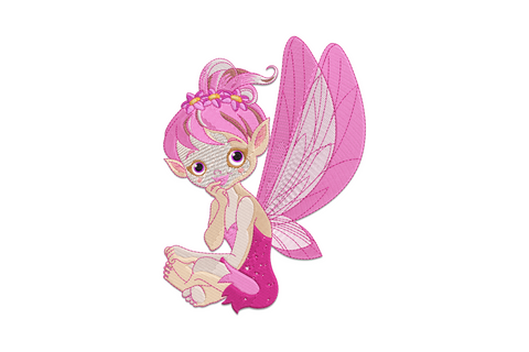 Cute pink fairy girl embroidery design with detailed face, long pink hair and translucent layered wings.