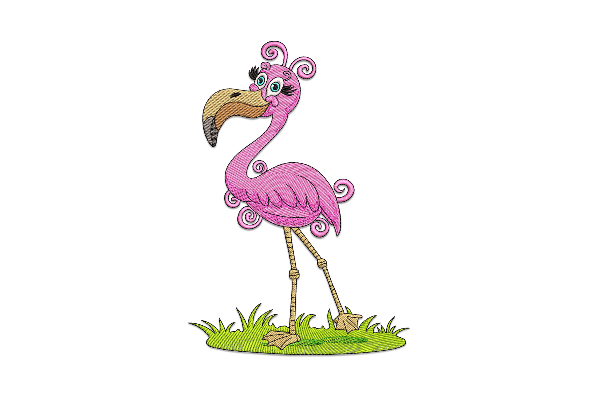 Cute pink flamingo embroidery design, cartoon style with curly feather swirls, bow and grass base on white background.