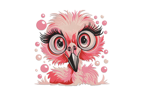 Cute pink flamingo face embroidery design with huge cartoon eyes, layered pink feathers and floating bubble accents on aqua tote fabric.
