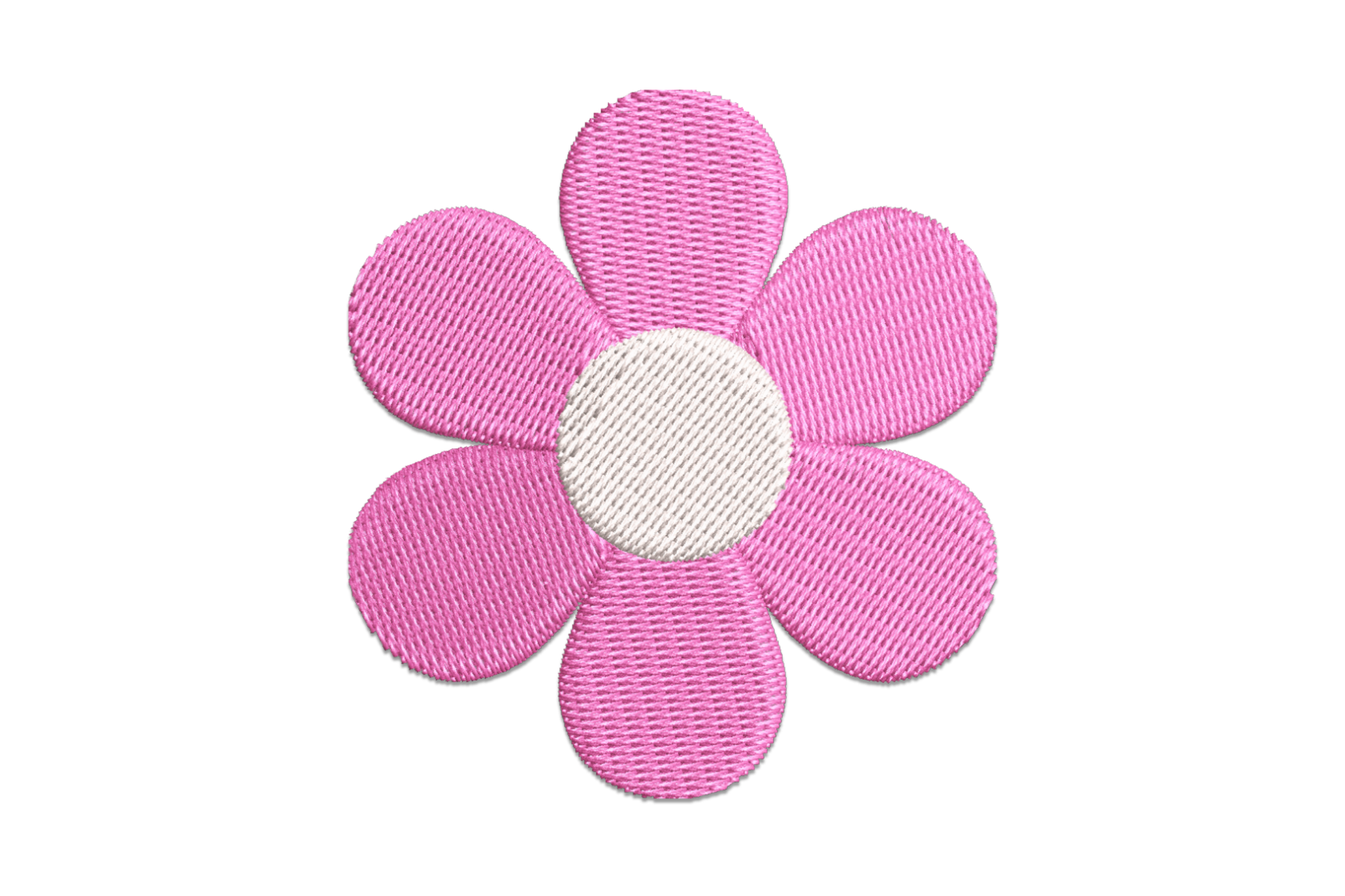 Cute pink flower embroidery design with soft satin petals radiating from an open centre, simple and compact floral motif.