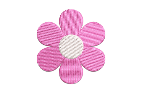Cute pink flower embroidery design with soft satin petals radiating from an open centre, simple and compact floral motif.
