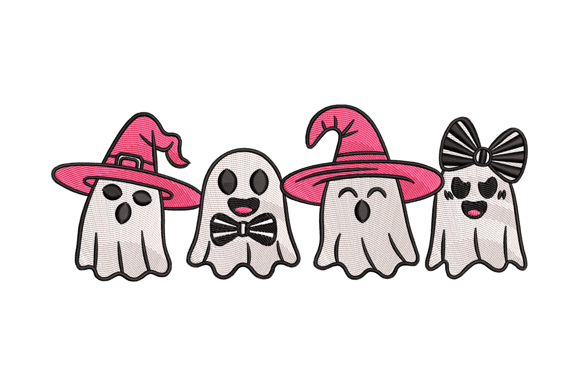 Four cute white ghost friends in a row with pink witch hats, black bow tie and striped bow, soft girly halloween embroidery design