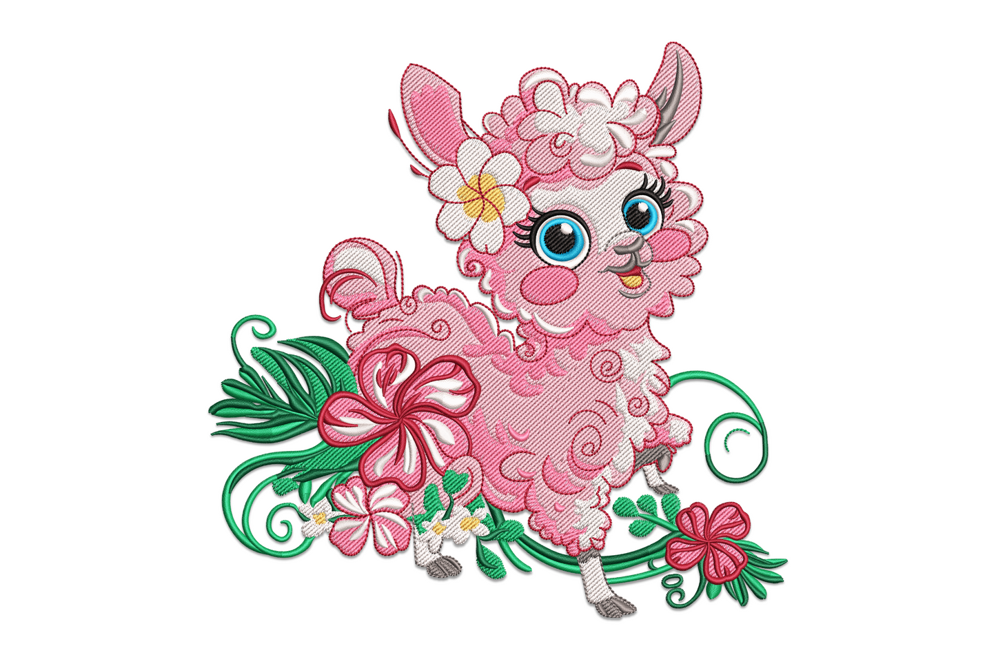 Cute pink llama embroidery design with tropical hibiscus flowers, teal swirl stems, blue eyes and a butterfly, fluffy directional fur stitching.