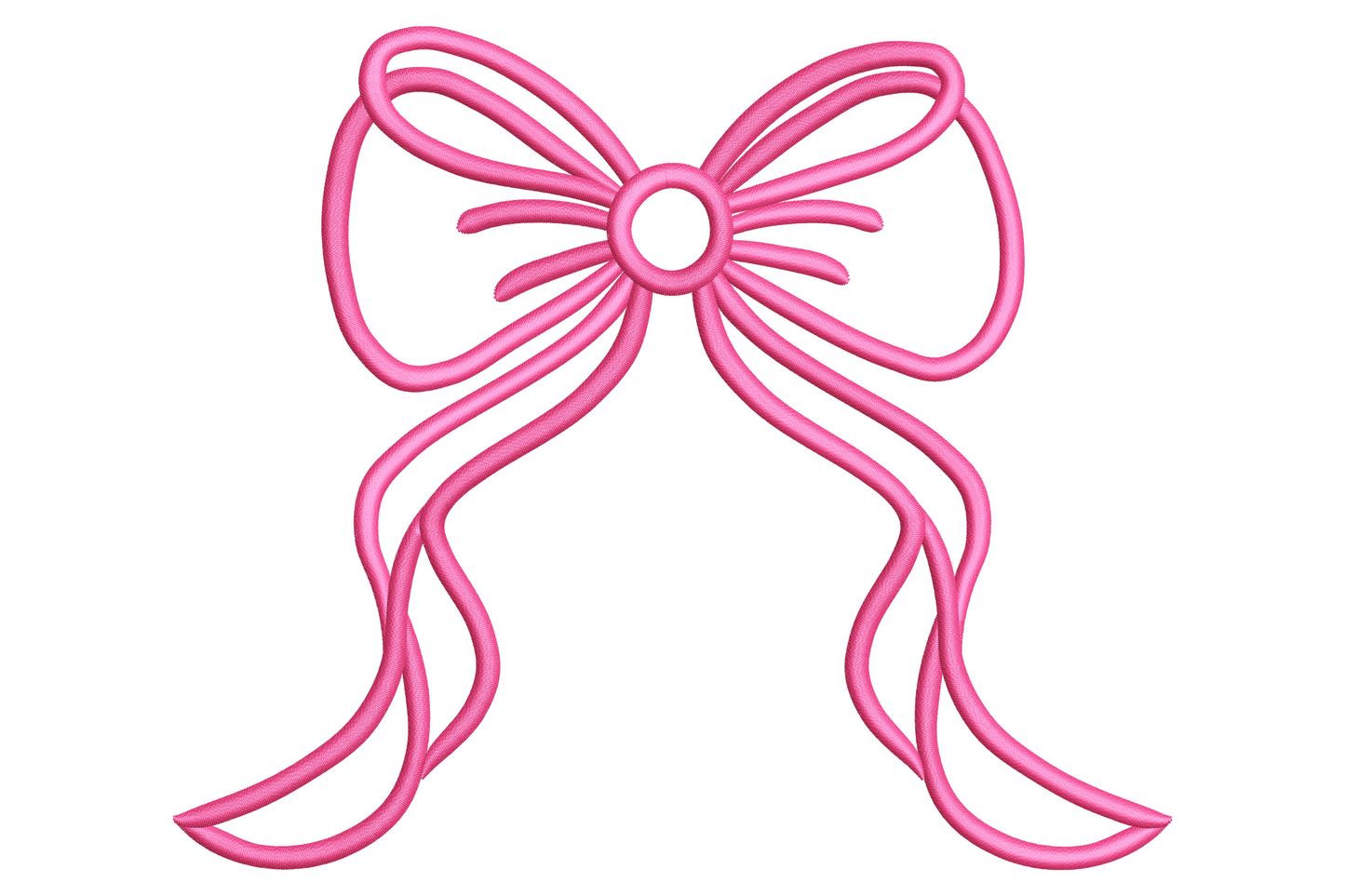 Pink ribbon bow embroidery design, clean outline-only satin stitch bow with round loops and curling tails, single hot pink colour.