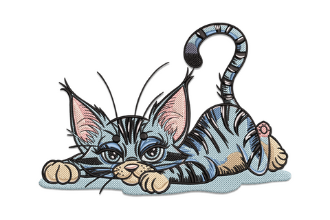 Tabby kitten lying flat, front paws forward, blue-grey stripes, pink ears, curled tail, comic sketch style.