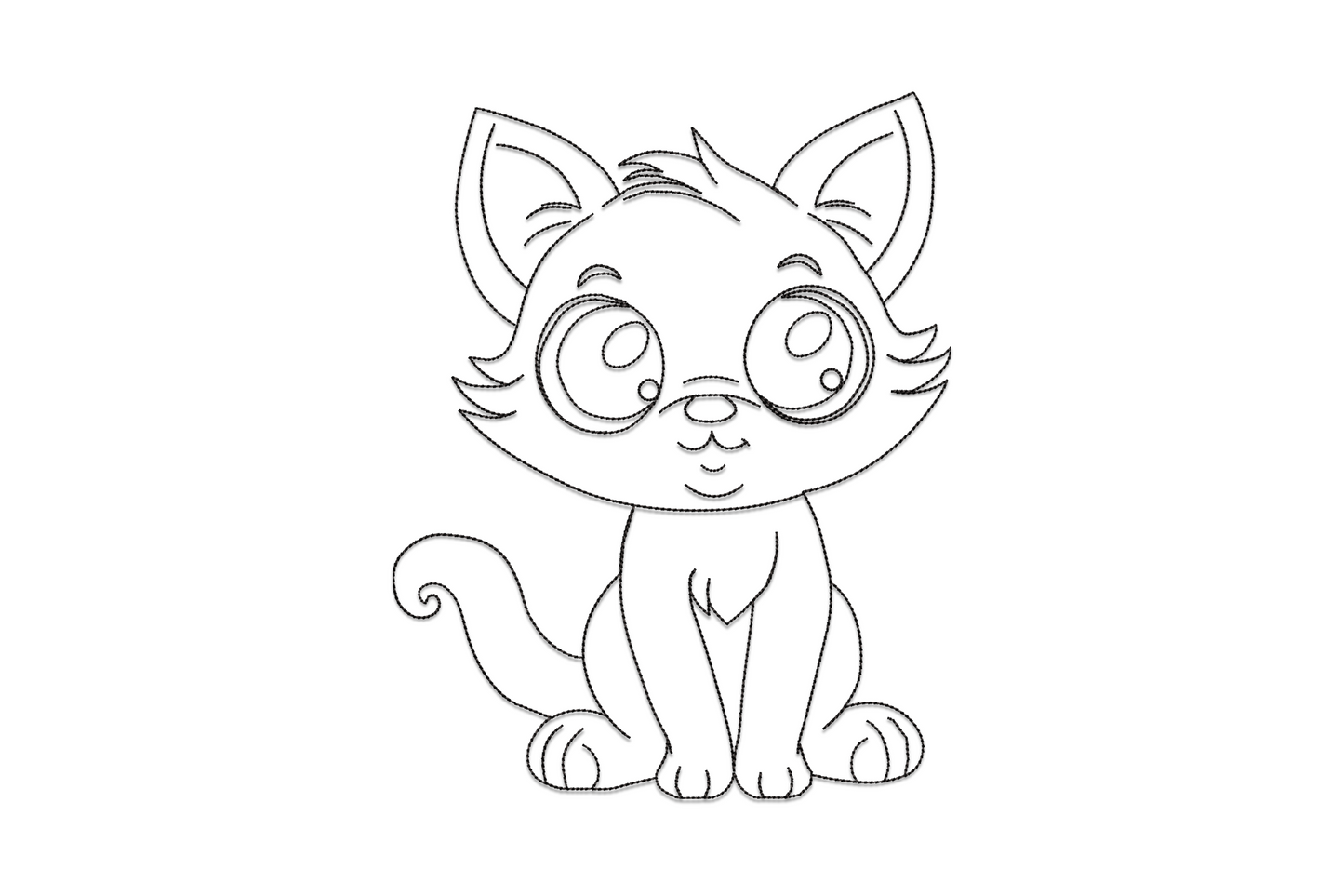 Cute playful kitten embroidery outline design, single-colour kawaii cartoon cat sitting with curled tail and round eyes, 5 sizes.