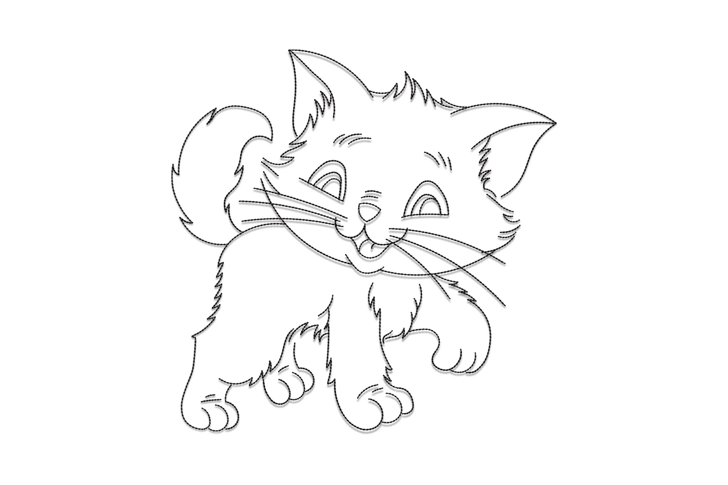Playful kitten outline embroidery design showing cat mid-pounce in single black thread, line-art machine embroidery