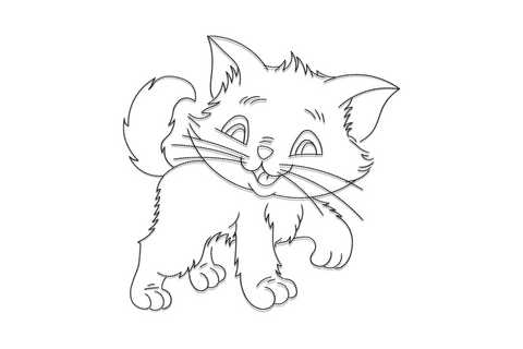 Playful kitten outline embroidery design showing cat mid-pounce in single black thread, line-art machine embroidery